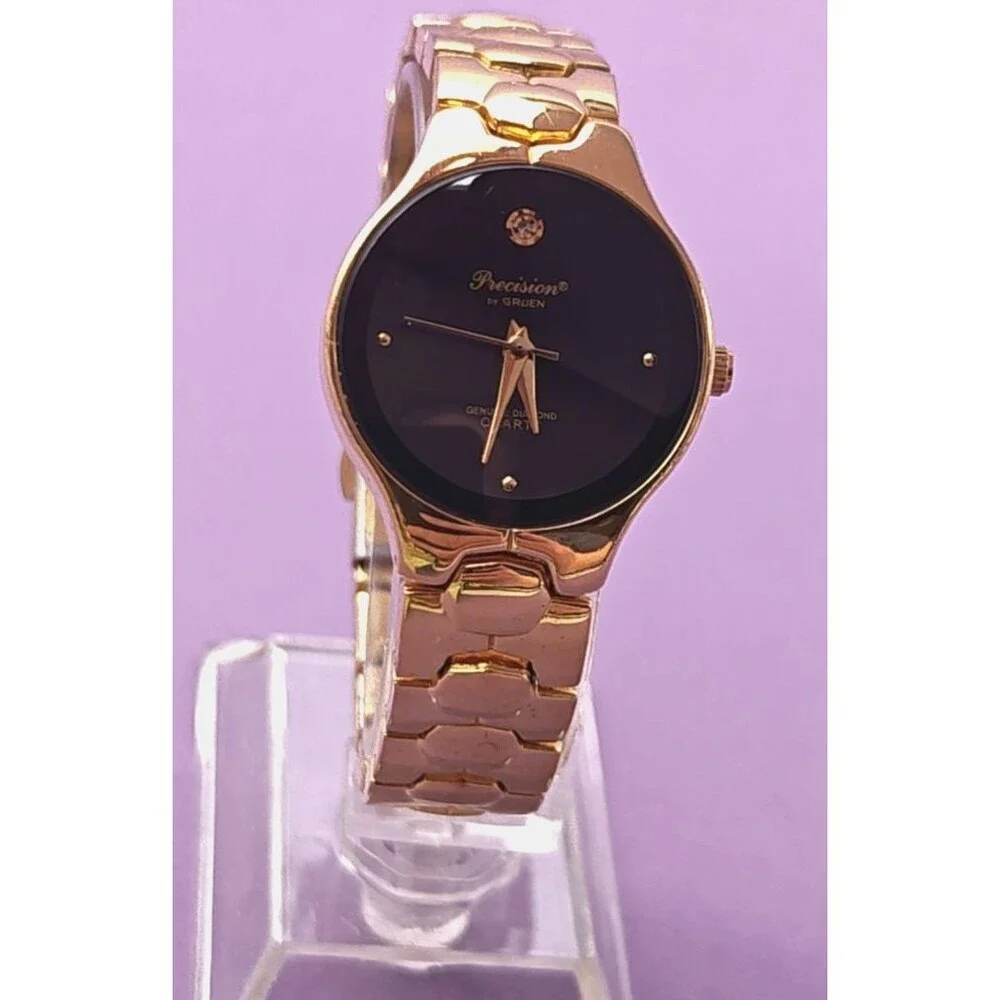 Precision by Gruen Diamond Watch Womens 27mm Gold Tone Black Dial Tested Working